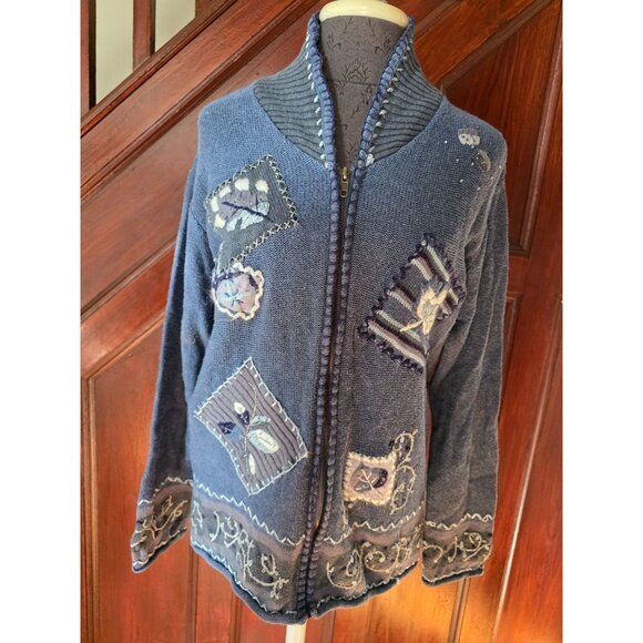 Graver Studio Womens Appliqué Knit Zip Cardigan Sweater Blue Mixed Patterns M - Picture 1 of 8